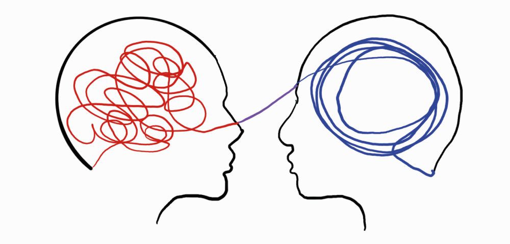 Illustrazione di due persone connesse da fili diversi: uno intrecciato e rosso, l’altro lineare e blu, simbolo delle diverse modalità di pensiero e relazione
