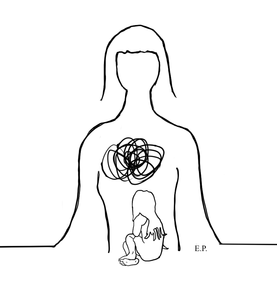 Illustrazione di una donna adulta con un cuore aggrovigliato e una bambina spaventata dentro di sé: metafora del bagaglio emotivo e della vulnerabilità interiore