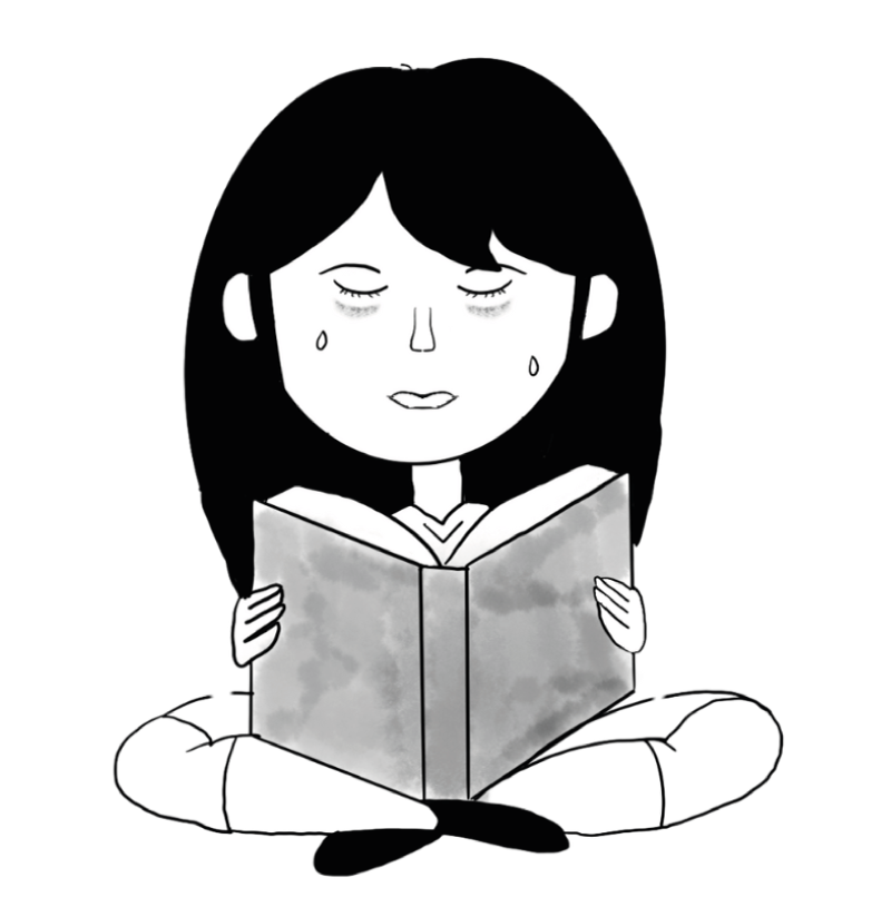 Ragazza seduta che legge pensierosa un libro aperto