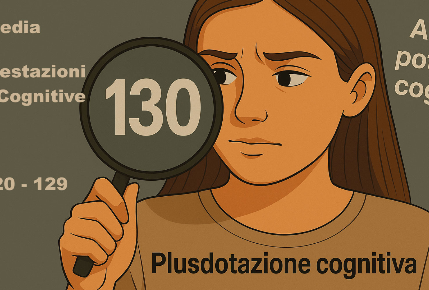Donna osserva con lente il numero 130, simbolo della ricerca di significato nei punteggi del QI e nell’Alto Potenziale Cognitivo