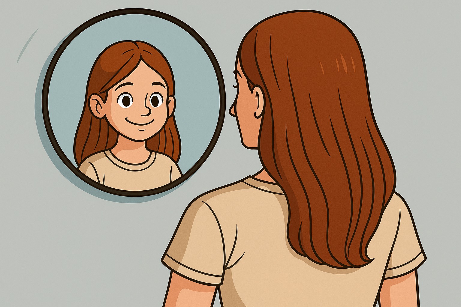 Test per adulti plusdotati: una donna osserva la propria infanzia riflessa nello specchio, simbolo di scoperta attraverso i figli