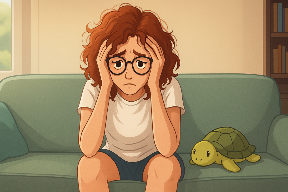 Ragazza sopraffatta dall'overthinking e dalla plusdotazione mentre è seduta a pensare sul divano.
