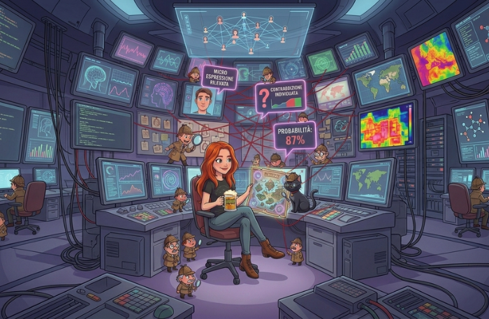 Esempio di pattern recognition e plusdotazione: ragazza in una sala di controllo che analizza micro-espressioni e dati complessi.