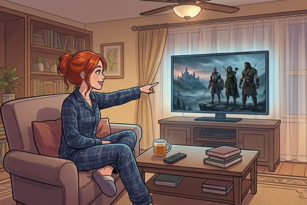 Illustrazione di una ragazza in pigiama sul divano che indica lo schermo della TV in salotto, introduzione al tema dei plusdotati sullo schermo.