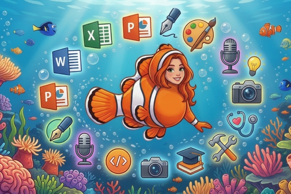 Plusdotati e mondo del lavoro in una illustrazione che mette in rapporto Nemo con il lavoro e la sua ricerca