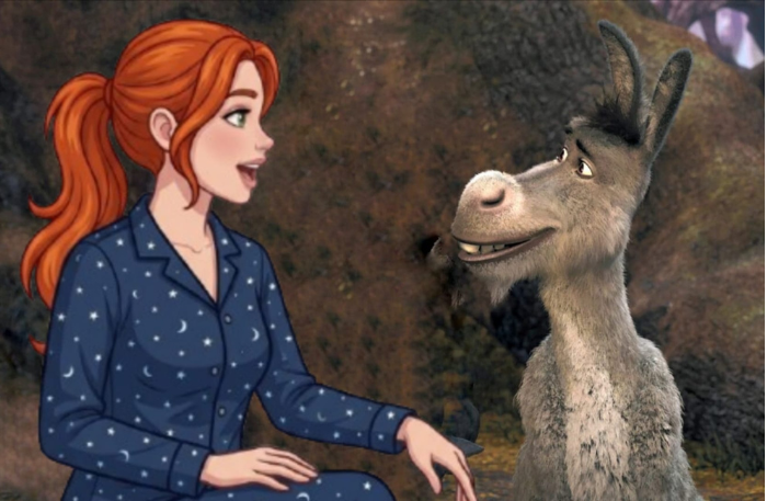 Personaggio illustrato in pigiama blu con stelline mentre parla con Ciuchino del film Shrek, esempio atipico di plusdotati sullo schermo.