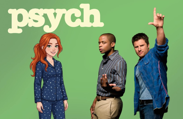 Personaggio in stile cartoon accanto a Shawn Spencer e Gus della serie TV Psych su sfondo verde, esempio di plusdotati sullo schermo.